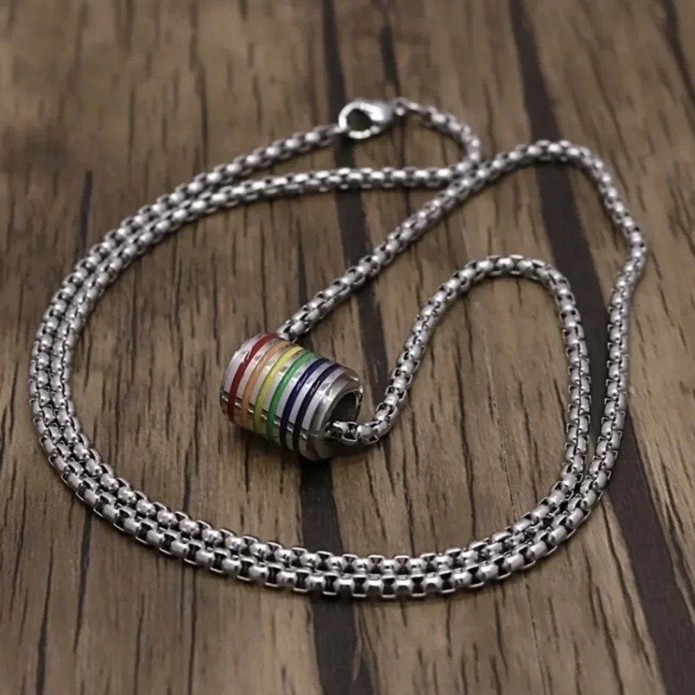 Colorful enameled rainbow on metal pendant rolo chain necklace, LGBTQ+, Pride
